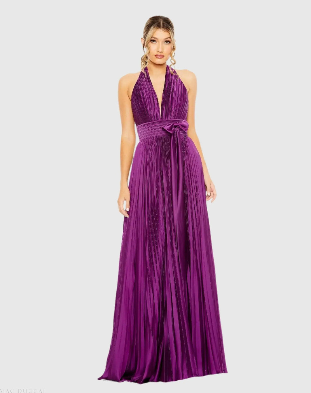 Mac Duggal 11636 Pleated Halter Neck Gown with Center Bow
