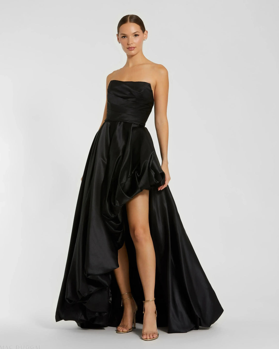 Mac Duggal 11685 Black Strapless Ruched High Low Gown