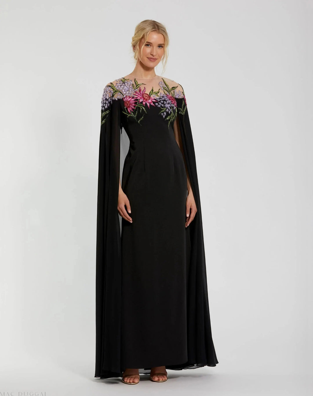 Mac Duggal 11798 Floral Applique Crepe Gown with Sheer Cape Sleeves