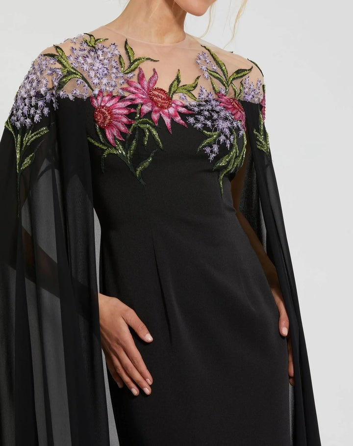 Mac Duggal 11798 Floral Applique Crepe Gown with Sheer Cape Sleeves