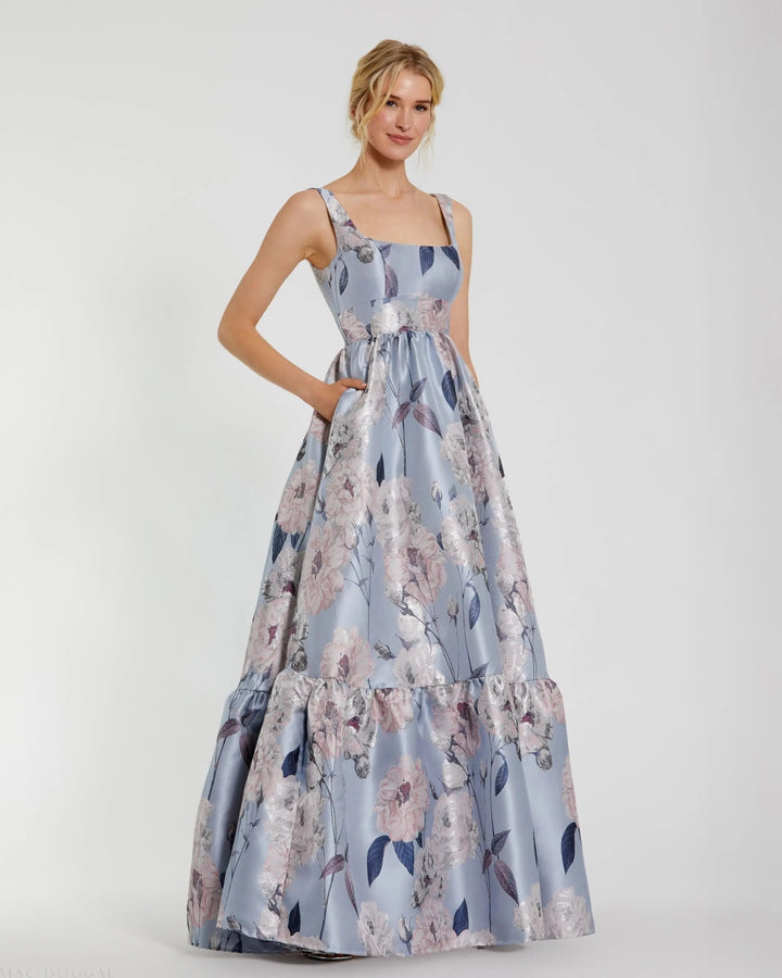 Mac Duggal 11826 Blue Floral Printed Satin Gown with Pockets
