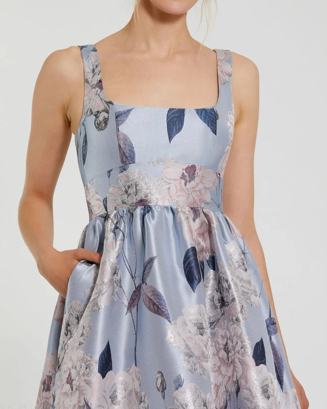 Mac Duggal 11826 Blue Floral Printed Satin Gown with Pockets