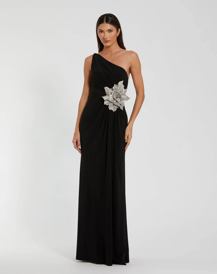 Black One Shoulder Jersey Gown With Rhinestone Flower - FOSTANI.com