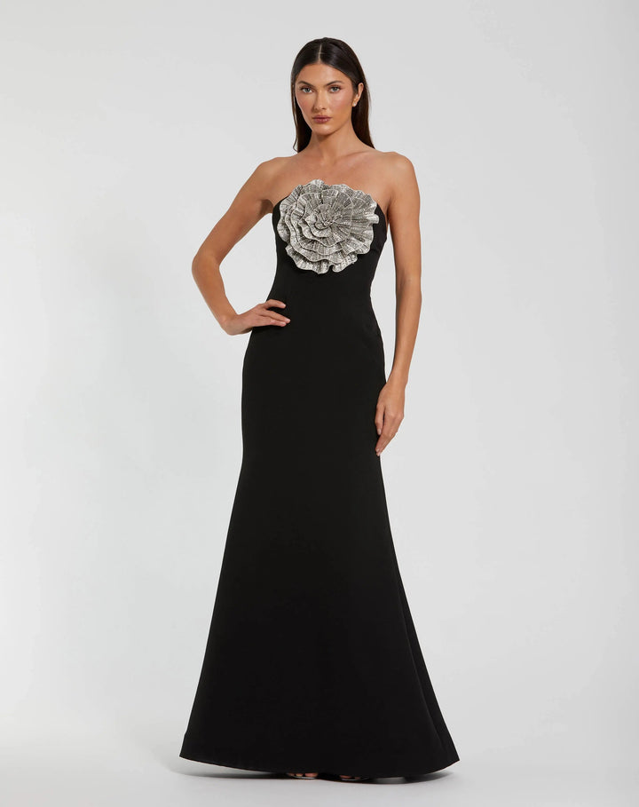 Mac Duggal 11855 Black Strapless Crepe Trumpet Gown with 3D Rhinestone Flower