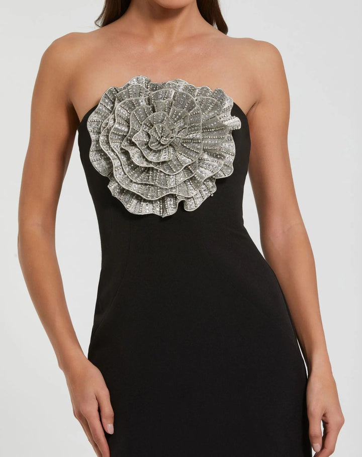 Mac Duggal 11855 Black Strapless Crepe Trumpet Gown with 3D Rhinestone Flower