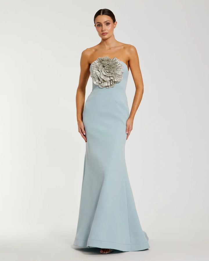 Mac Duggal 11855 Black Strapless Crepe Trumpet Gown with 3D Rhinestone Flower