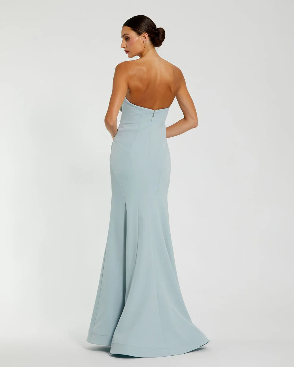 Mac Duggal 11855 Black Strapless Crepe Trumpet Gown with 3D Rhinestone Flower