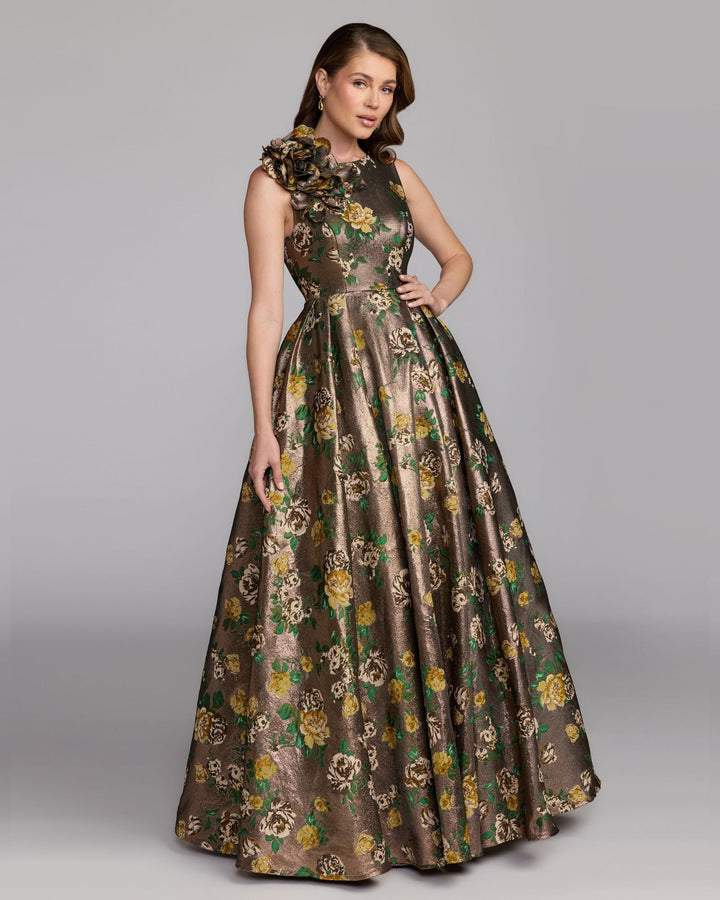 Mac Duggal 11873 Metallic Ball Gown With 3D Rosette