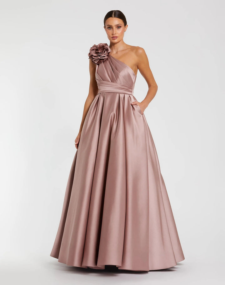 Mac Duggal 11874 One Shoulder Satin Ball Gown With 3D Flower