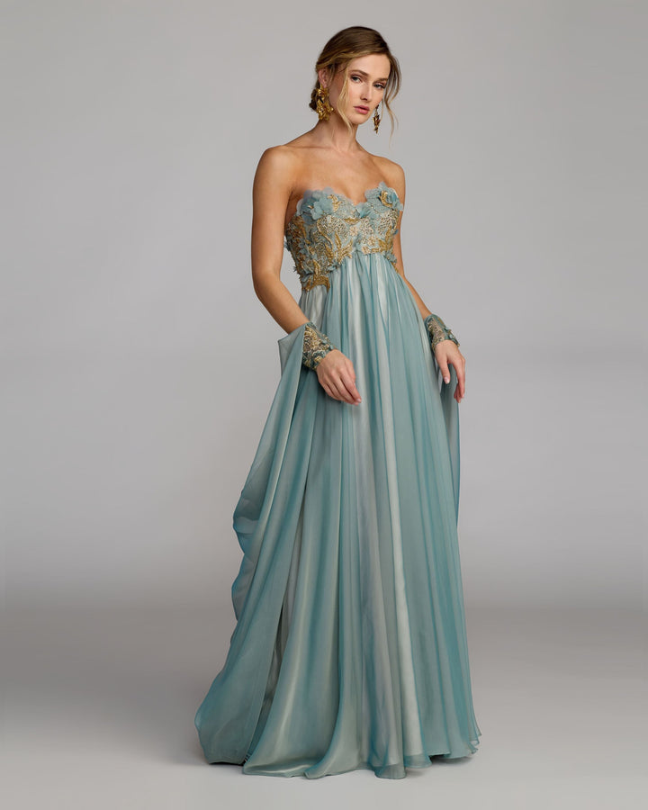 Mac Duggal 11896 Blue Floral Embellished Chiffon Cape Gown