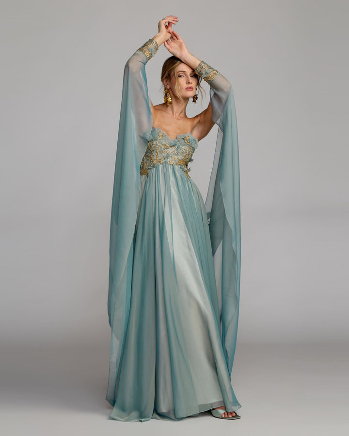 Mac Duggal 11896 Blue Floral Embellished Chiffon Cape Gown