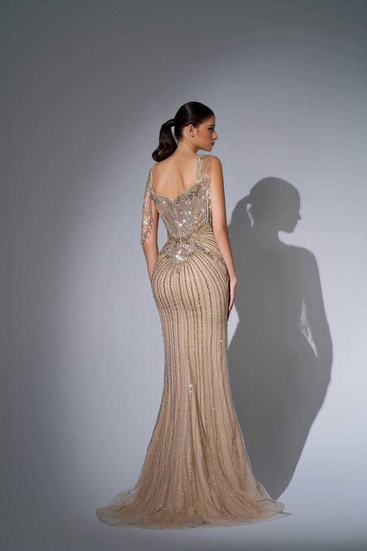 Delilah LD11684 Crystal Fringe Strap Plunging Linear Beaded Mermaid Gown - Champagne back view