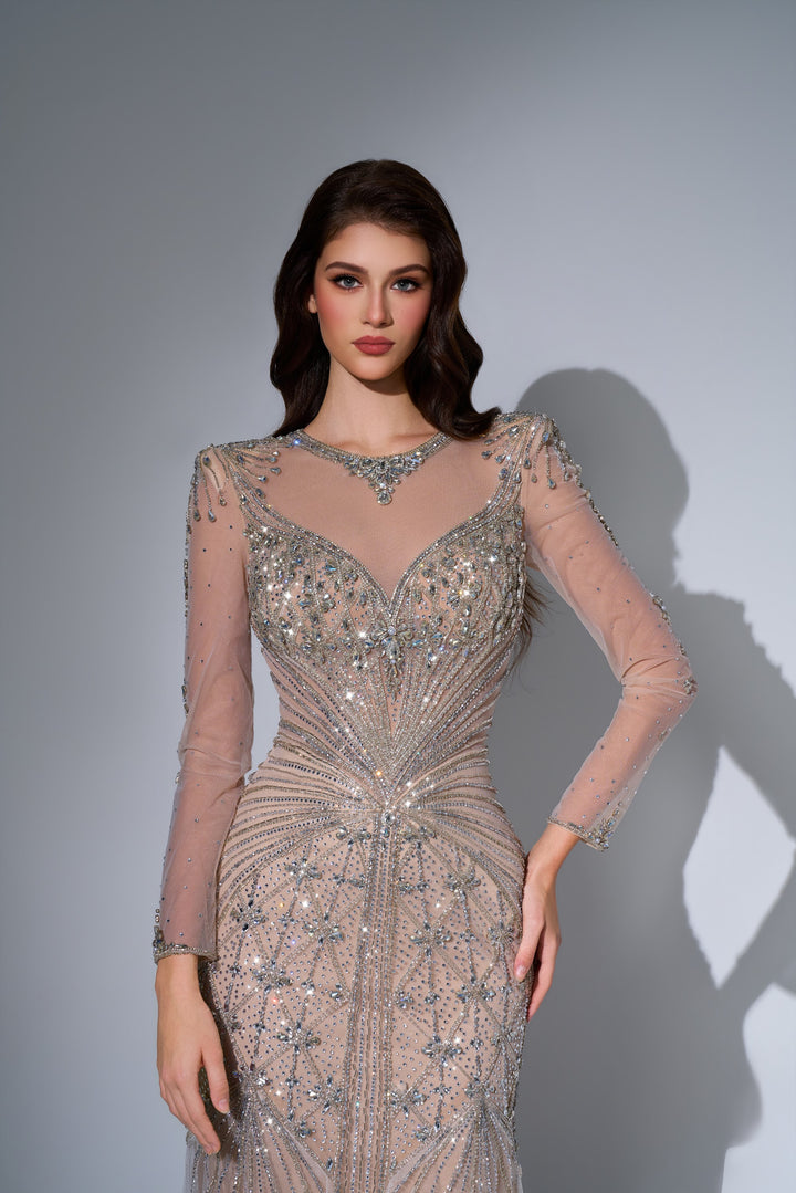 Delilah LD11592 Illusion High Neck Long Sleeve Sunburst Beaded Mermaid Gown - White close-up view