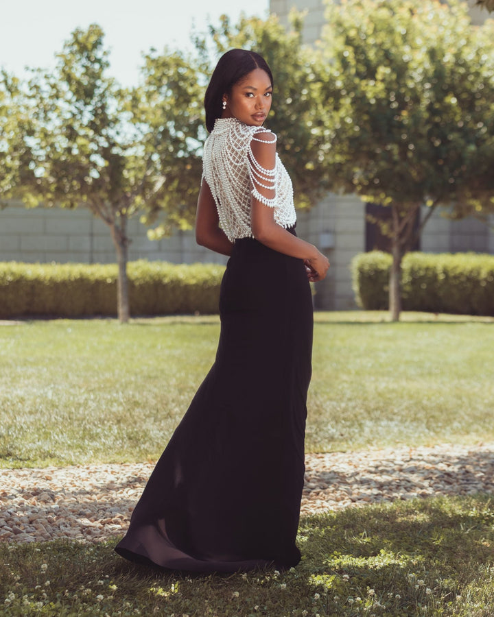 Mac Duggal 13203 Jersey Gown With Draped Pearl Beading