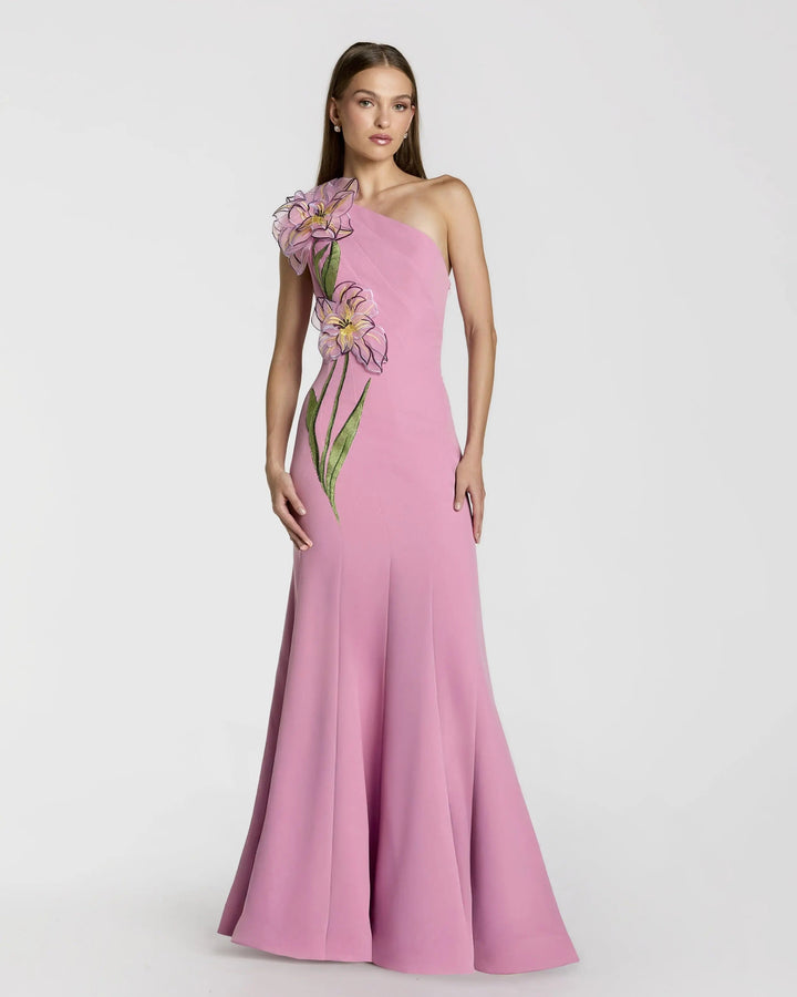 Pink One Shoulder Mermaid Gown With 3D Flower - FOSTANI.com