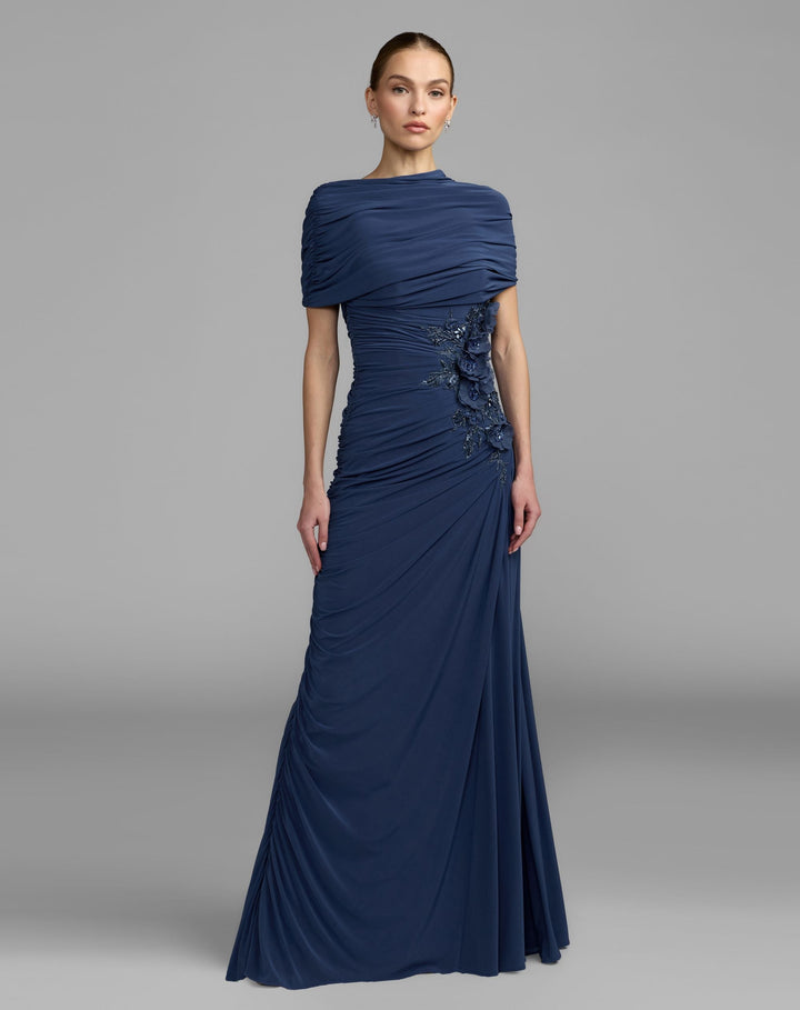 Mac Dugga; 13244 Navy Embellished Jersey Draped Column Gown