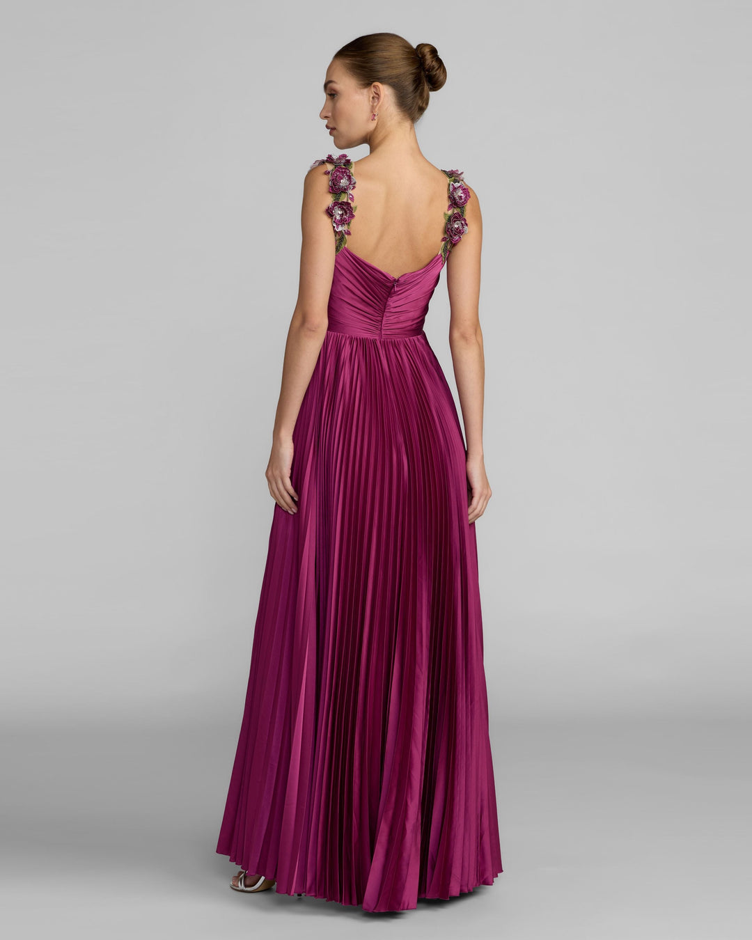 Mac Duggal 13263 Purple Pleated High Low Gown With 3D Floral Straps