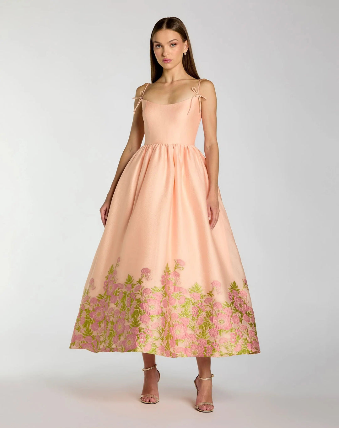 Peach Spaghetti Strap Organza Midi Dress With Bow Detail - FOSTANI.com