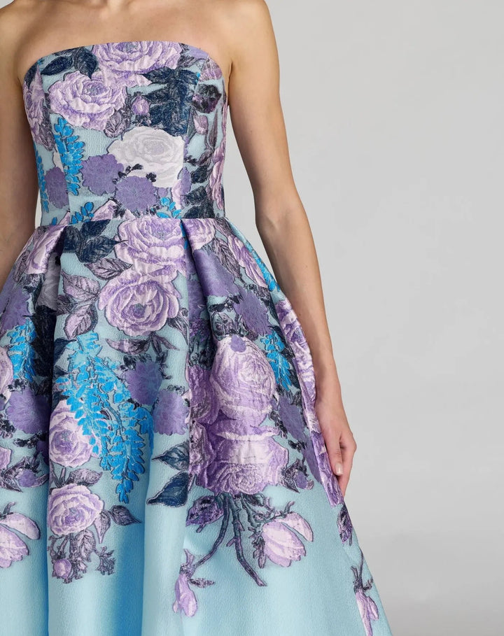 Blue Floral Embroidered Strapless Organza Midi Dress - FOSTANI.com