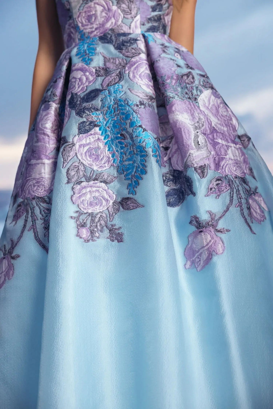 Blue Floral Embroidered Strapless Organza Midi Dress - FOSTANI.com