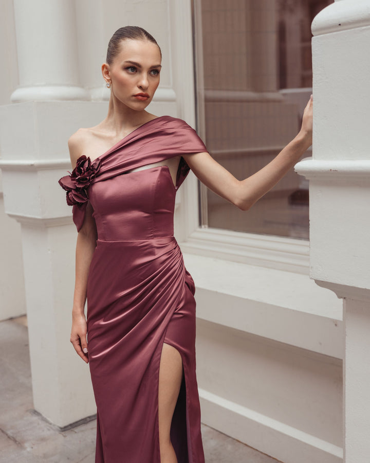 Mac Duggal 13311 Charmeuse One Shoulder Gown With 3D Flower