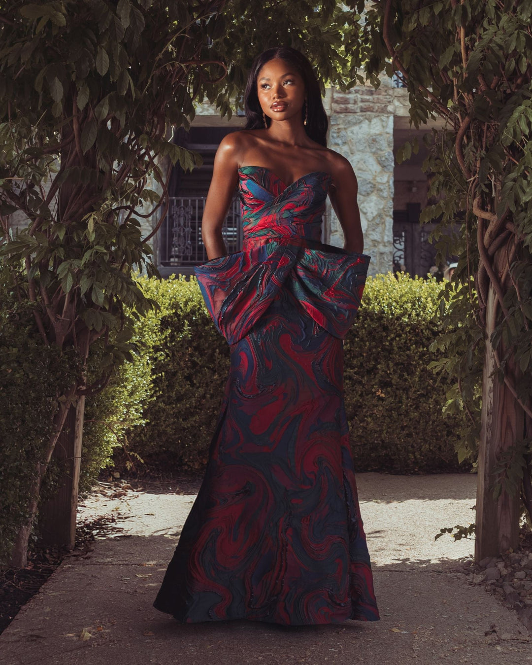Mac Duggal 13365 Strapless Brocade Mermaid Gown With Bow Detail