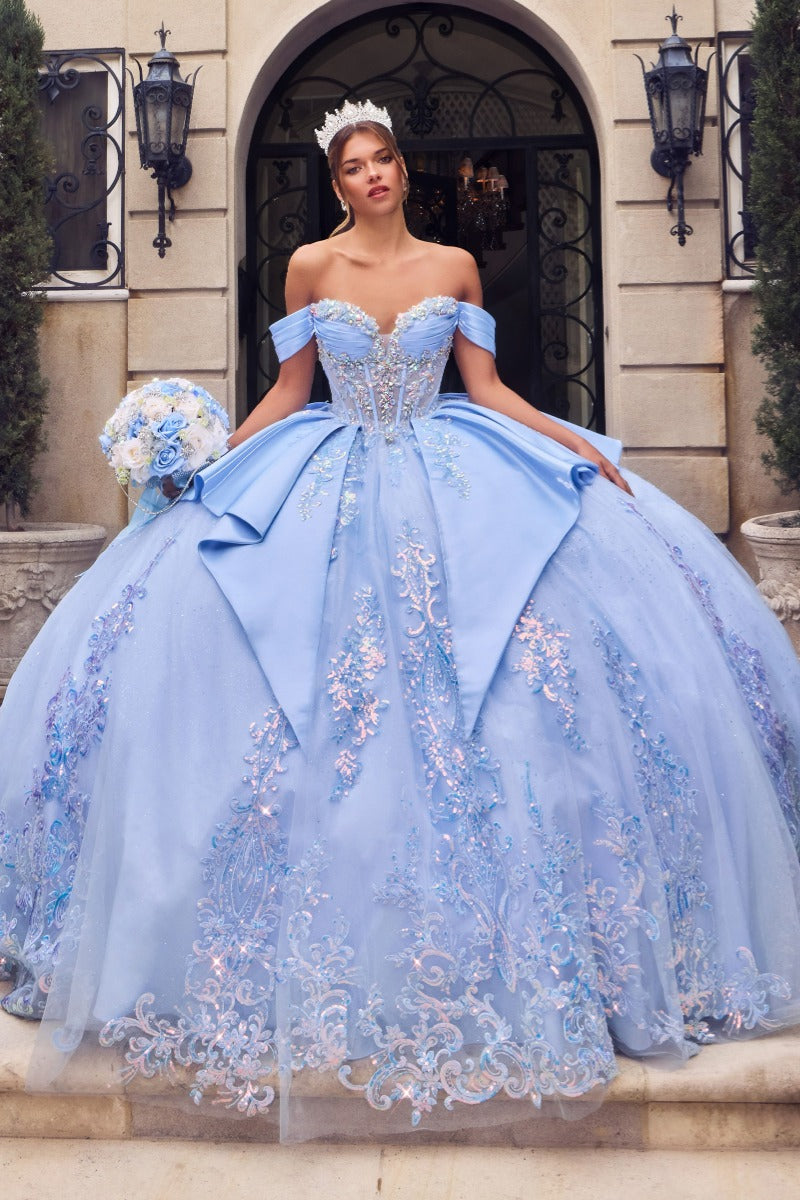 Ladivine 15745 quinceañera ball gown in light blue, front view