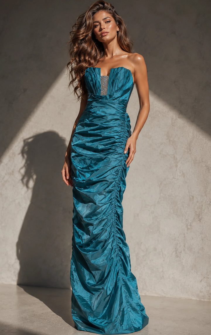 Jovani 159934 Strapless Ruched Taffeta Gown with Crystal Detail