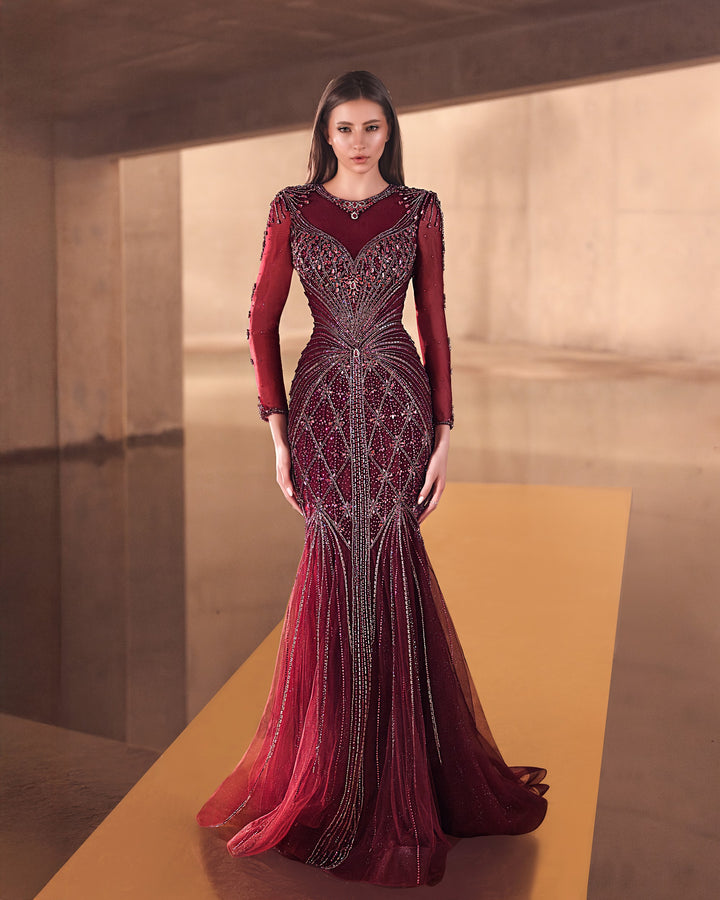 Delilah LD11592 Illusion High Neck Long Sleeve Sunburst Beaded Mermaid Gown - Red front view