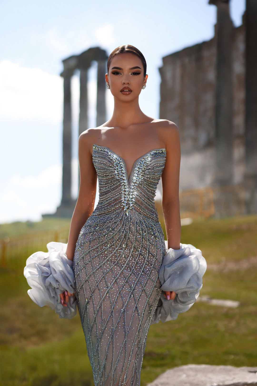 Delilah LD11466 Strapless Plunging Sweetheart Crystal Lattice Mermaid Gown with Ruffled Arm Puffs - Grey front view