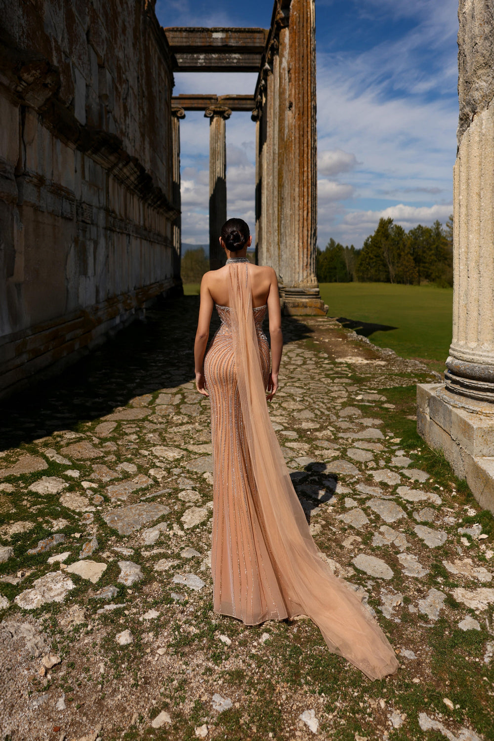Delilah LD11489 Beaded Choker Collar Plunging Halter Sheath Gown with Sheer Back Cape - Champagne back view