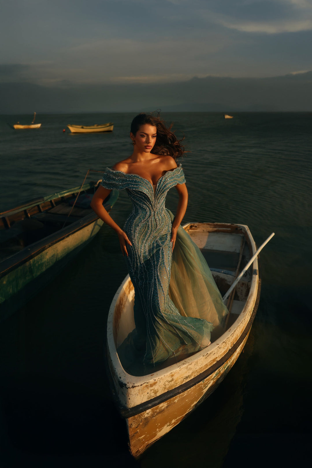 Delilah LD11538 Off-the-Shoulder Plunging Beaded Mermaid Gown with Sparkle Overskirt - Green front view