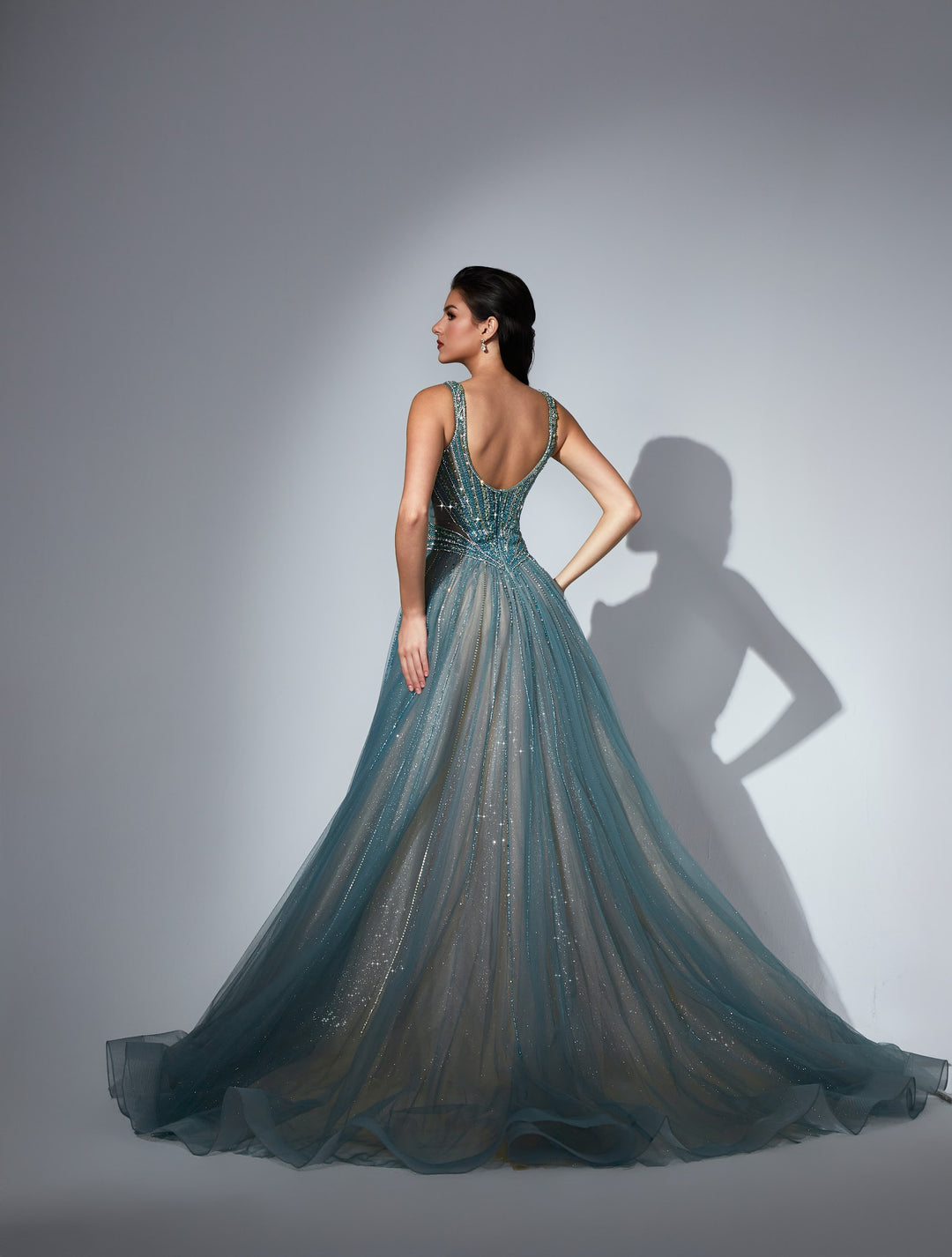 Delilah LD11533 Plunging V Crystal Corset Ball Gown with Tulle Skirt - Green back view