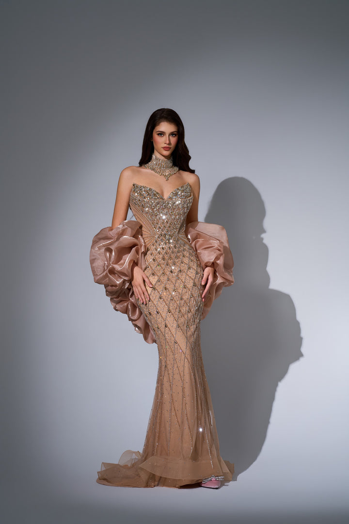 Delilah LD11689 Strapless Plunging Crystal Lattice Mermaid Gown with Puff Sleeves - Champagne front view