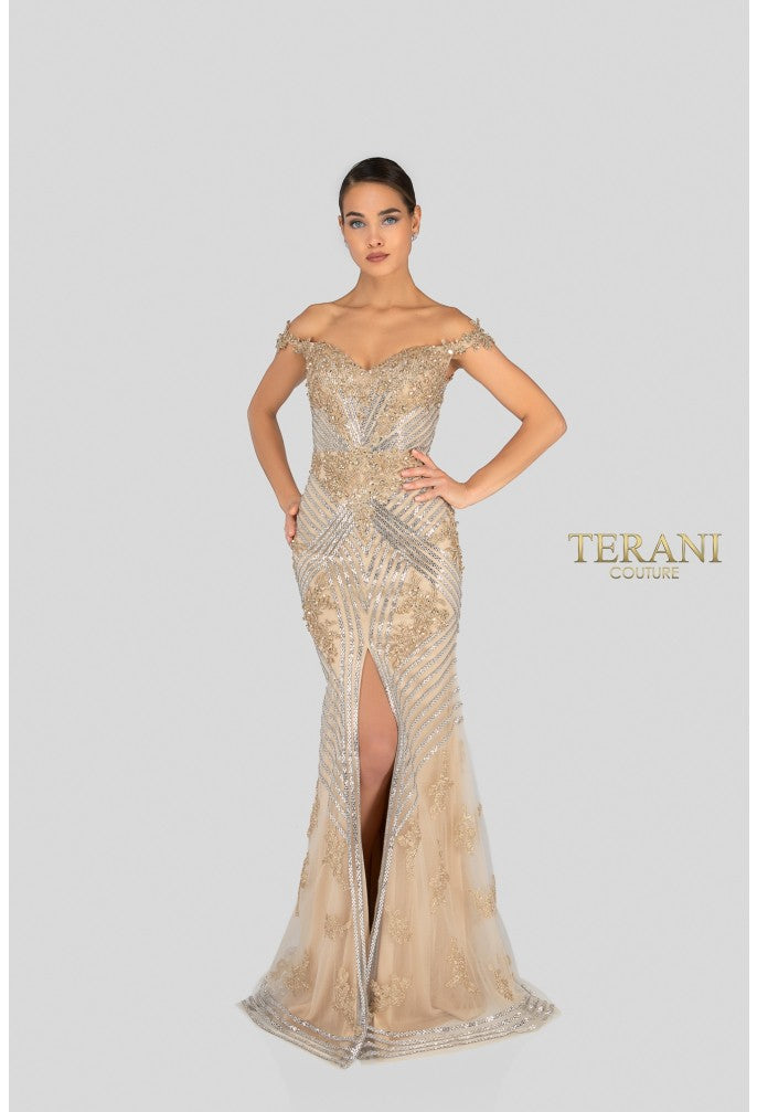 Terani 1912GL9572 Sweetheart Off-the-Shoulder Corset fit-and-flare Dress