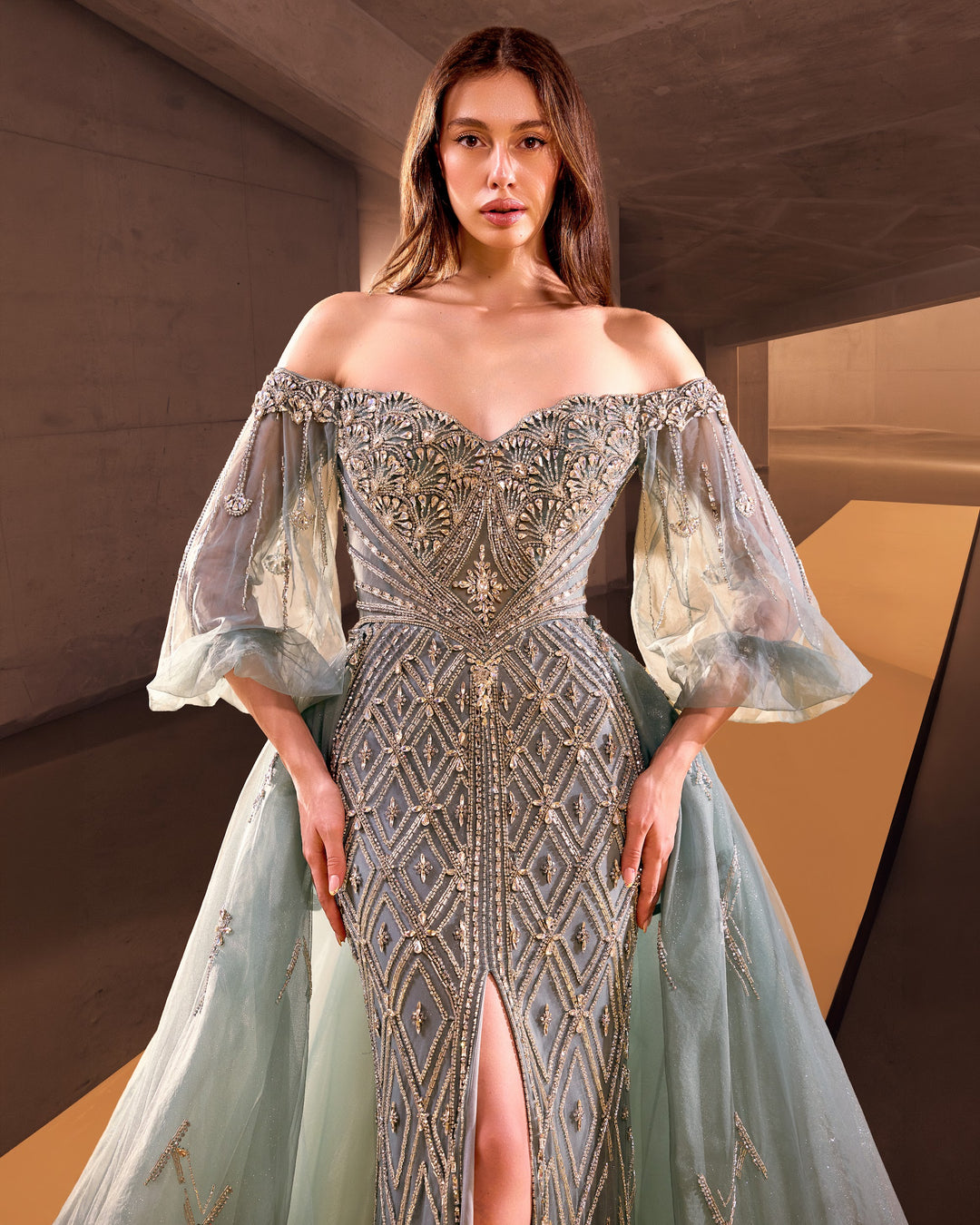 Delilah LD11622 Off-the-Shoulder Puff Sleeve Lattice Beaded Mermaid Gown with Tulle Overskirt - Sage front view