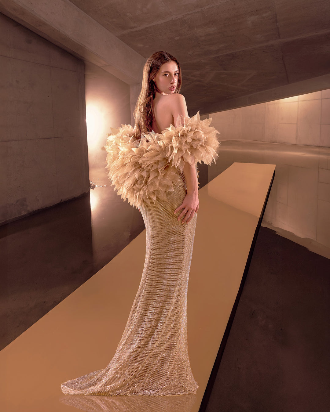 Delilah LD12101 Strapless Crystal Embroidered Mermaid Gown with Feather Arm Wrap - Champagne back view