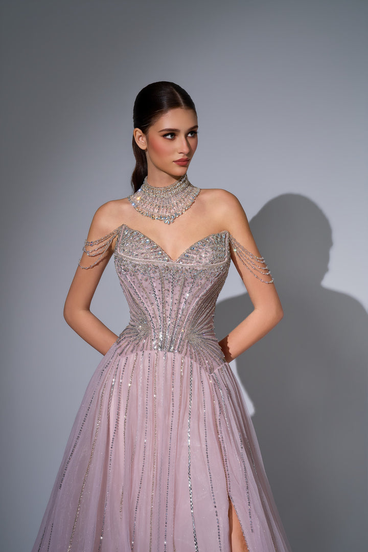 Delilah LD11671 Strapless Sunburst Crystal Corset A-Line Gown with Slit - Pink close-up view