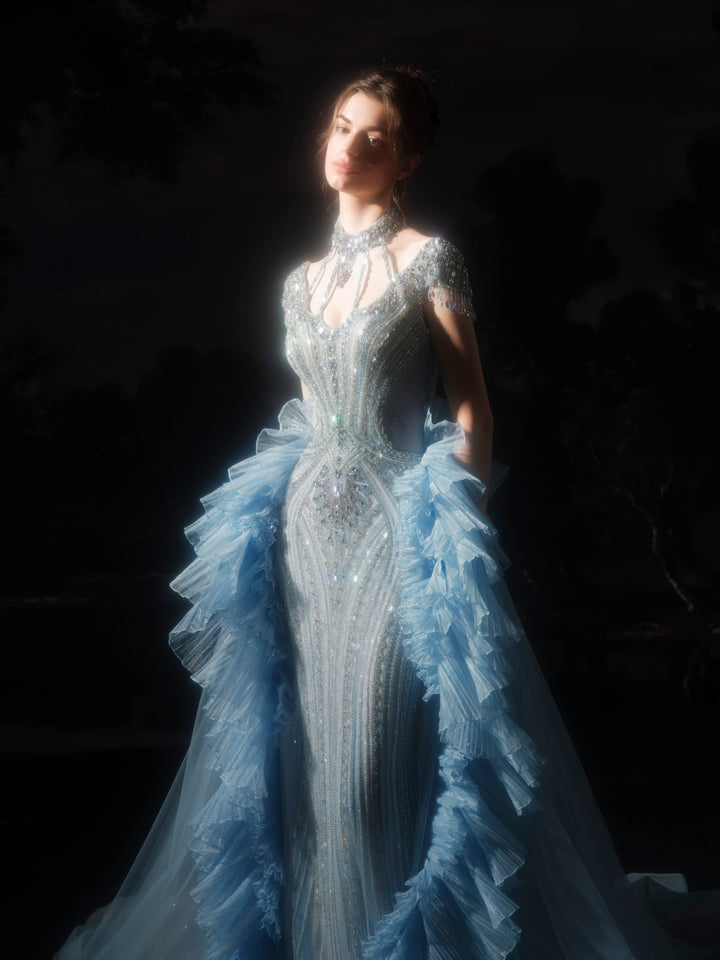 Delilah SH12057 High Neck Cap Sleeve Crystal Mermaid Gown with Ruffled Overskirt - Blue front view