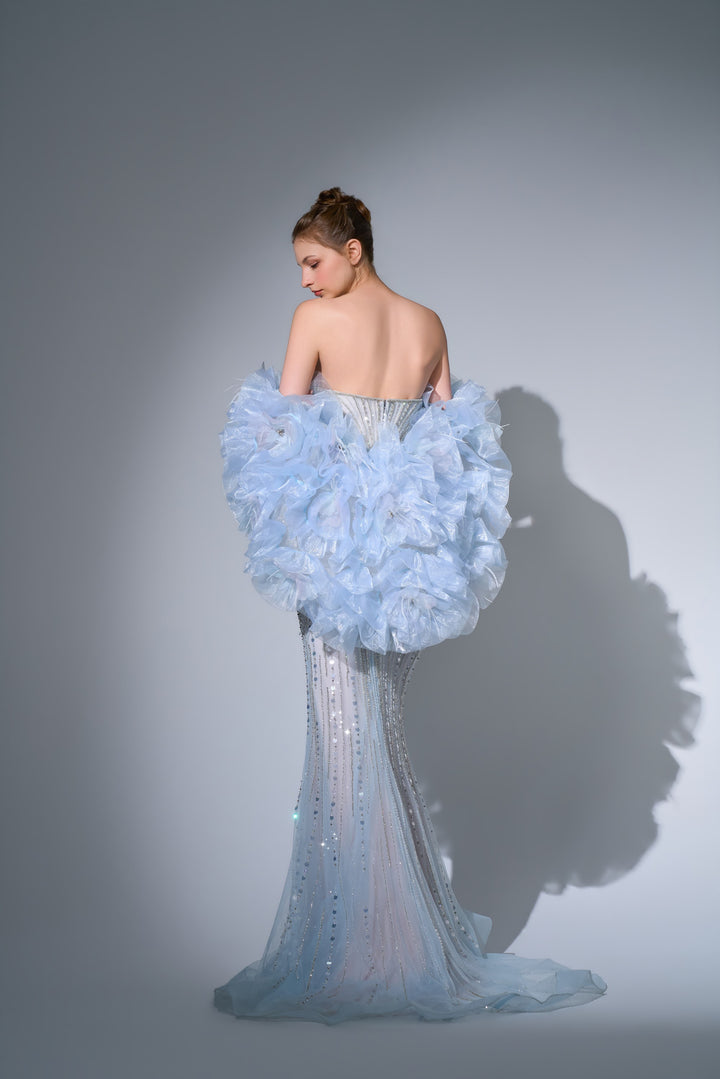 Delilah SH12061 Strapless Crystal Corset Mermaid Gown with Ruffled Feather Arm Wrap - Blue back view