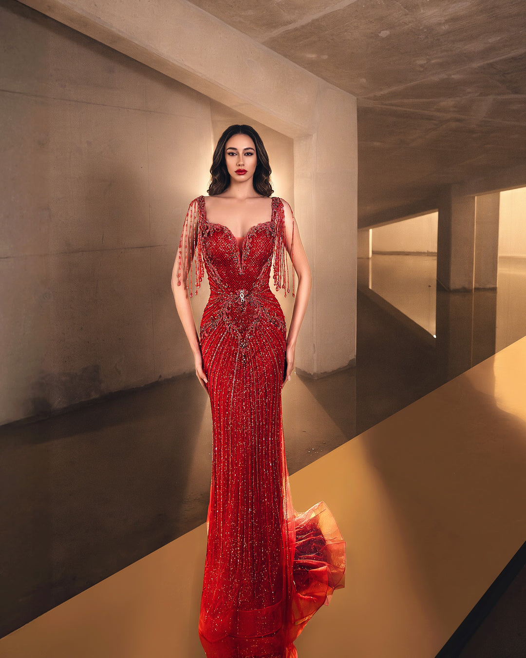 Delilah LD11684 Crystal Fringe Strap Plunging Linear Beaded Mermaid Gown - Red front view