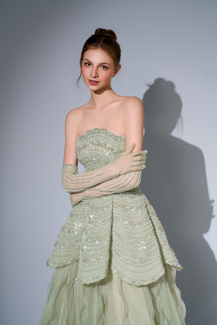 Delilah SH12091 Strapless Beaded Tiered Peplum Ball Gown with Ruffled Tulle Skirt - Mint close-up view
