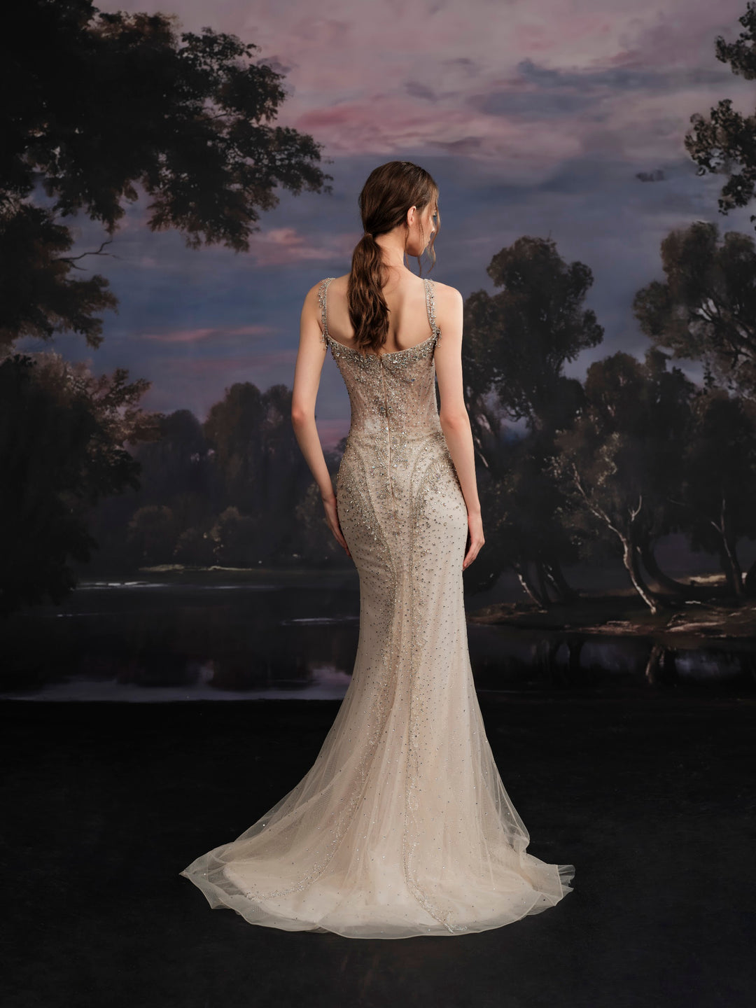 Delilah SH12066 Off-the-Shoulder Crystal Corset Mermaid Gown with Choker Tulle Cape - Champagne back view