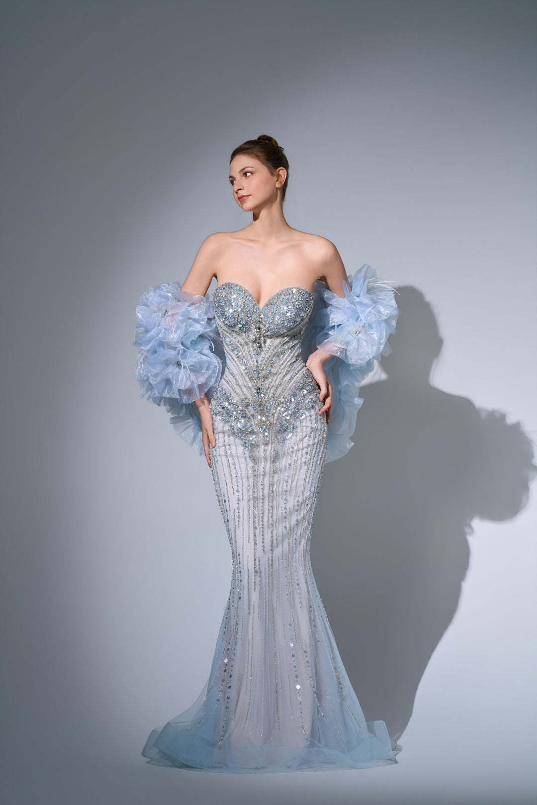 Delilah SH12061 Strapless Crystal Corset Mermaid Gown with Ruffled Feather Arm Wrap - Blue front view