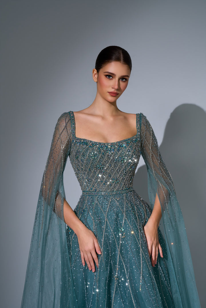 Delilah LD11676 Square Neck Cape Sleeve Beaded A-Line Gown - Green close-up view