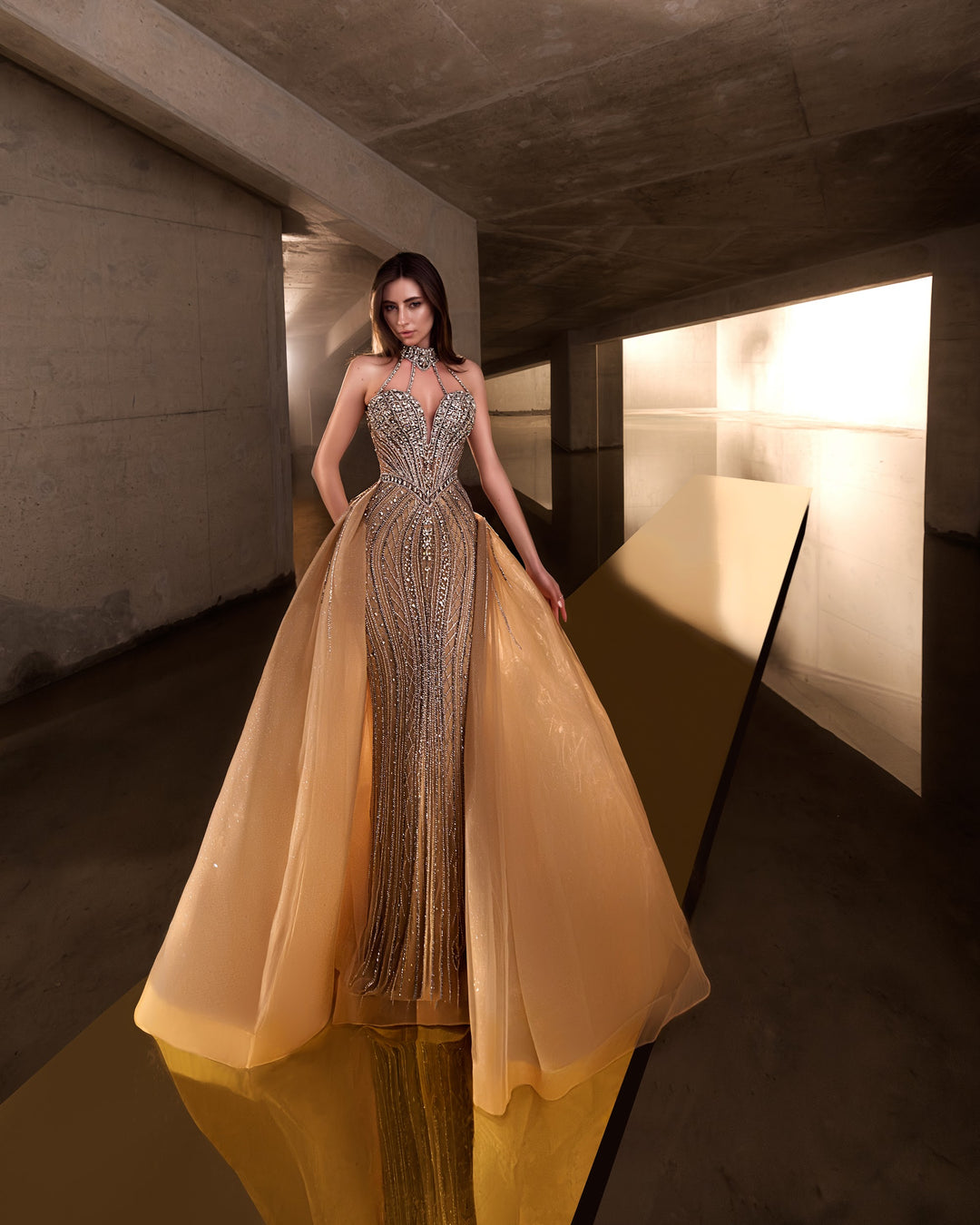 Delilah LD12027 Crystal Choker Halter Plunging Mermaid Gown with Tulle Overskirt - Champagne front view