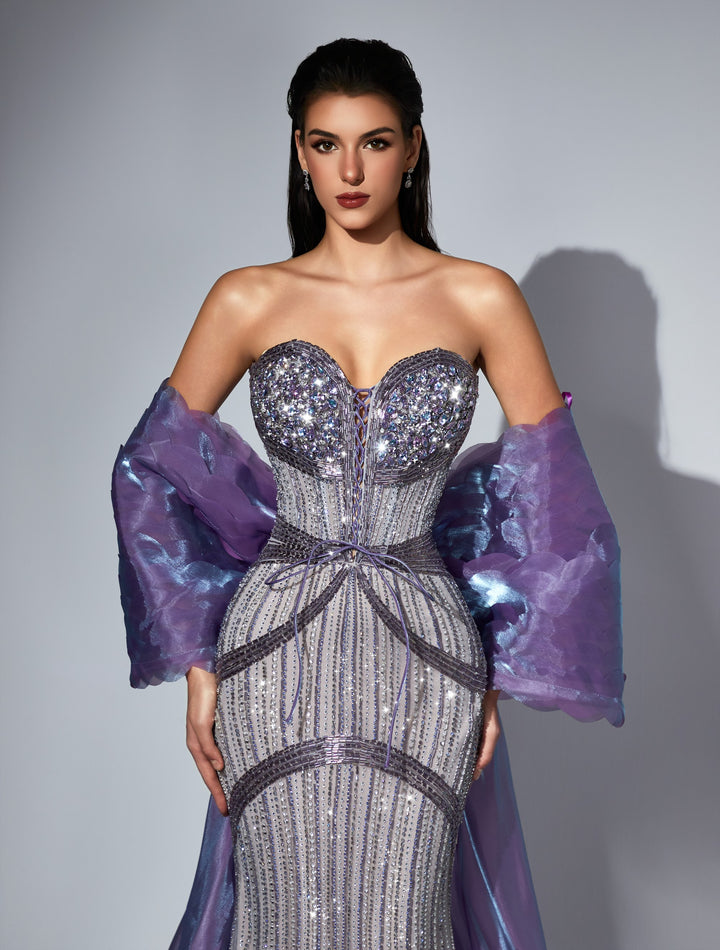 Delilah LD11573 Strapless Crystal Corset Mermaid Gown with Bow Overskirt Train - Purple close-up view