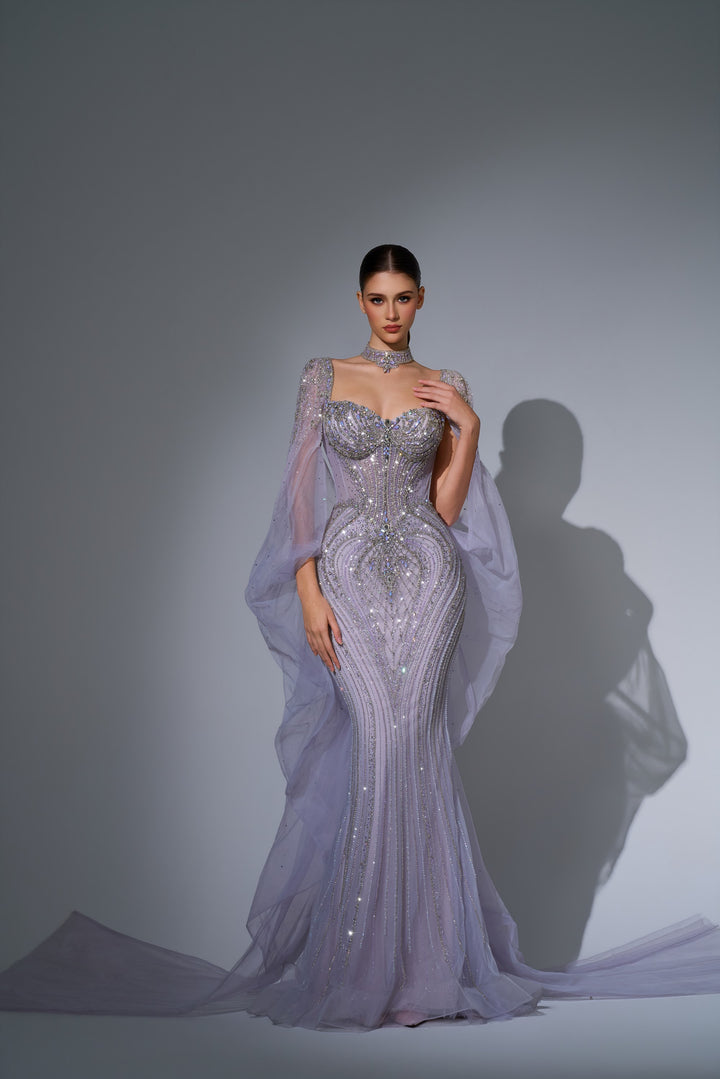 Delilah LD12076 Crystal Corset Mermaid Gown with Choker and Floor-Length Cape Sleeves - Purple front view