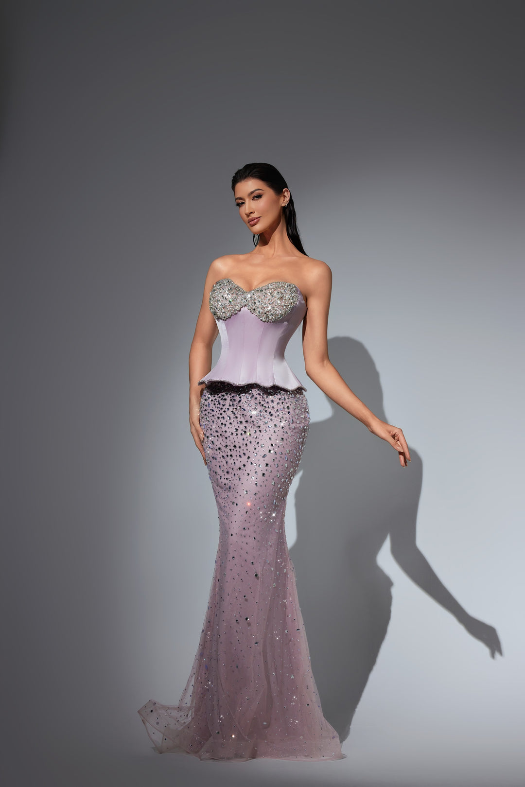 Delilah LD22033 Strapless Crystal Cup Peplum Corset Mermaid Gown with Sheer Crystal Skirt - Pink front view