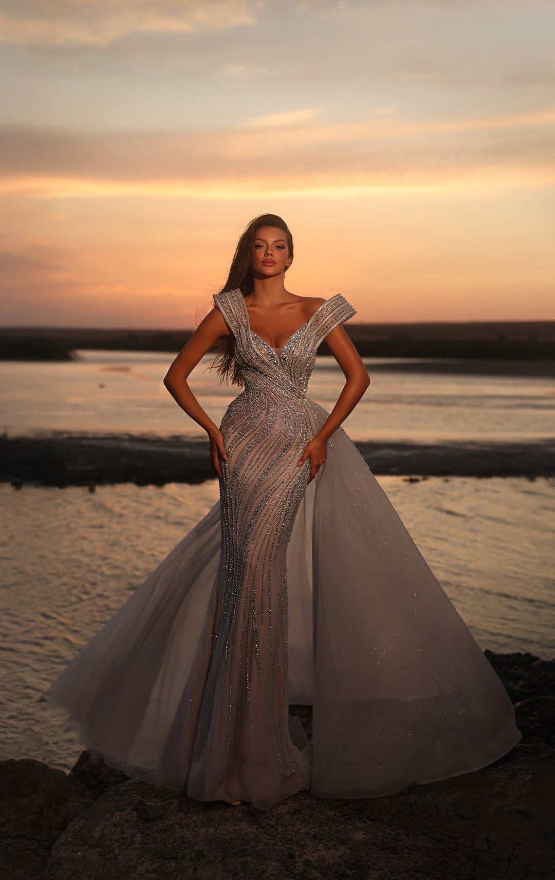Delilah LD11463 Off-Shoulder Wrap Beaded Mermaid Gown with Asymmetric Tulle Overskirt - Grey front view
